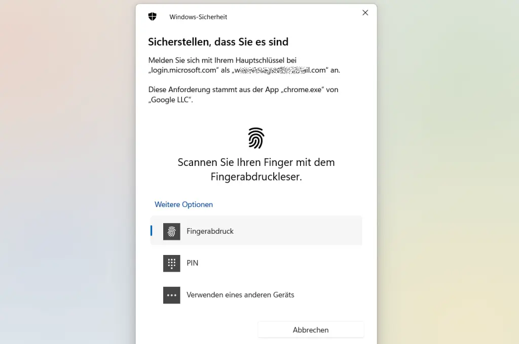 Windows Hello Passkey Fingerabdruck